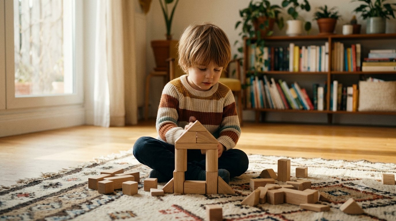 Kind sitzt auf einem Teppich und baut ein Haus aus Holzbausteinen
