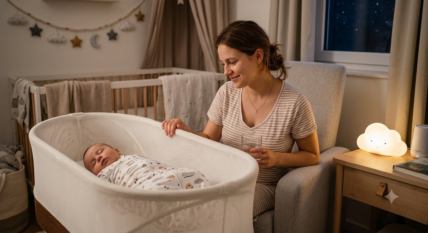 Mother smiles as she watches her sleeping baby in the smart sleeper bassinet, with a night light and a white noise device in the background