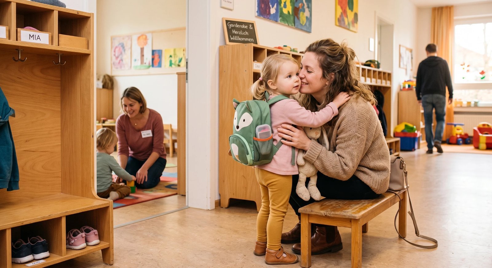 Mother hugging her toddler goodbye in the daycare cubby area, child wearing a small backpack