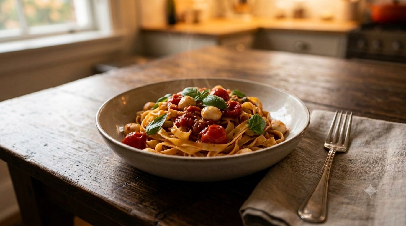 Bowl of tomato pasta with mozzarella and basil on a rustic wooden table, glass of red wine in the background