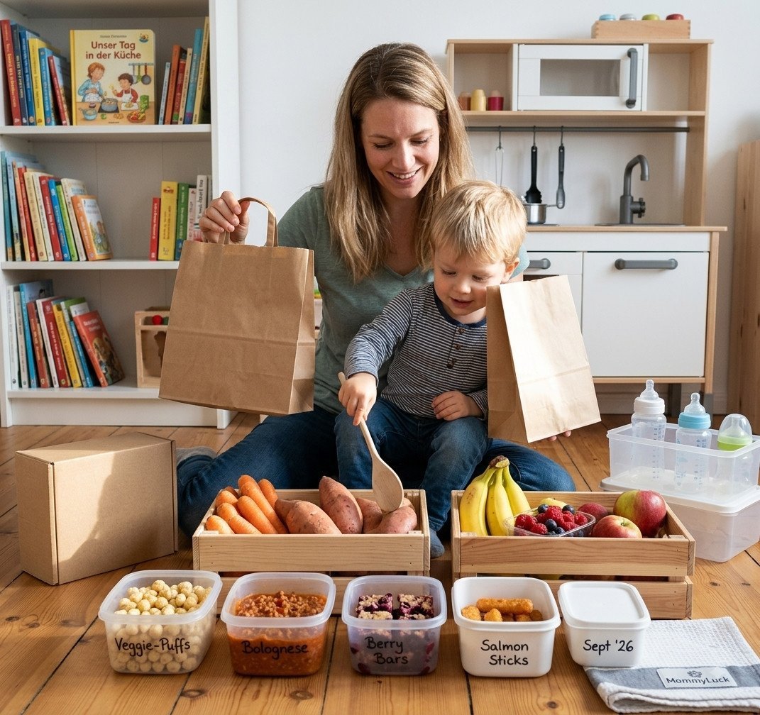 Mother and child sitting among labeled freezer meal containers like Veggie-Puffs, Bolognese, Berry Bars, and Salmon Sticks