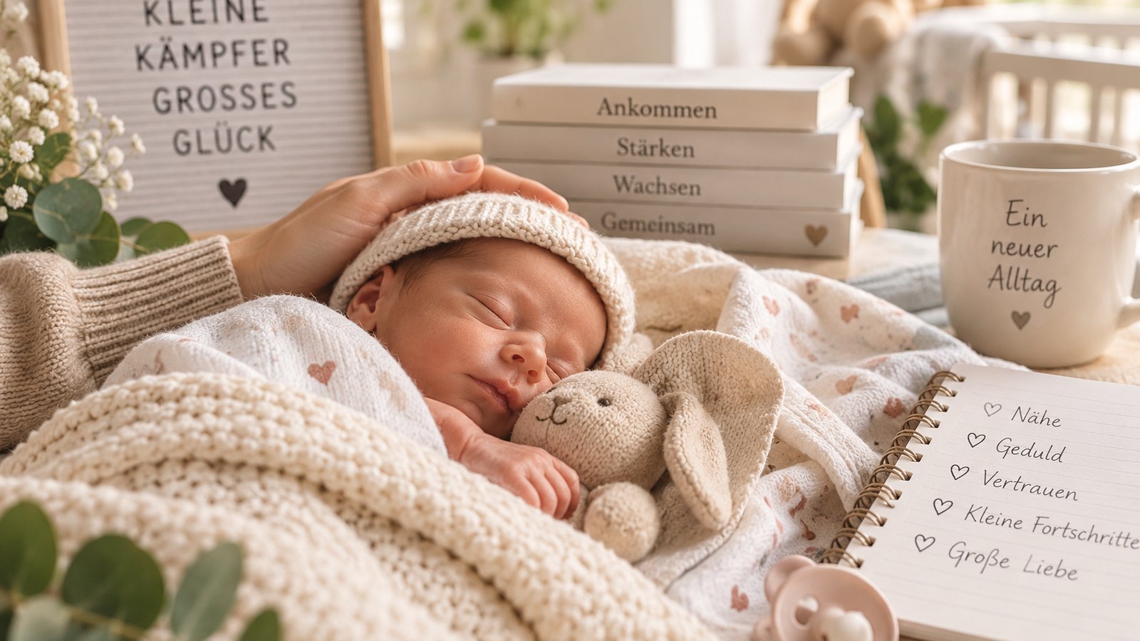 Sleeping newborn wrapped in a cream-colored blanket, next to a sign reading "Little fighter, huge joy"