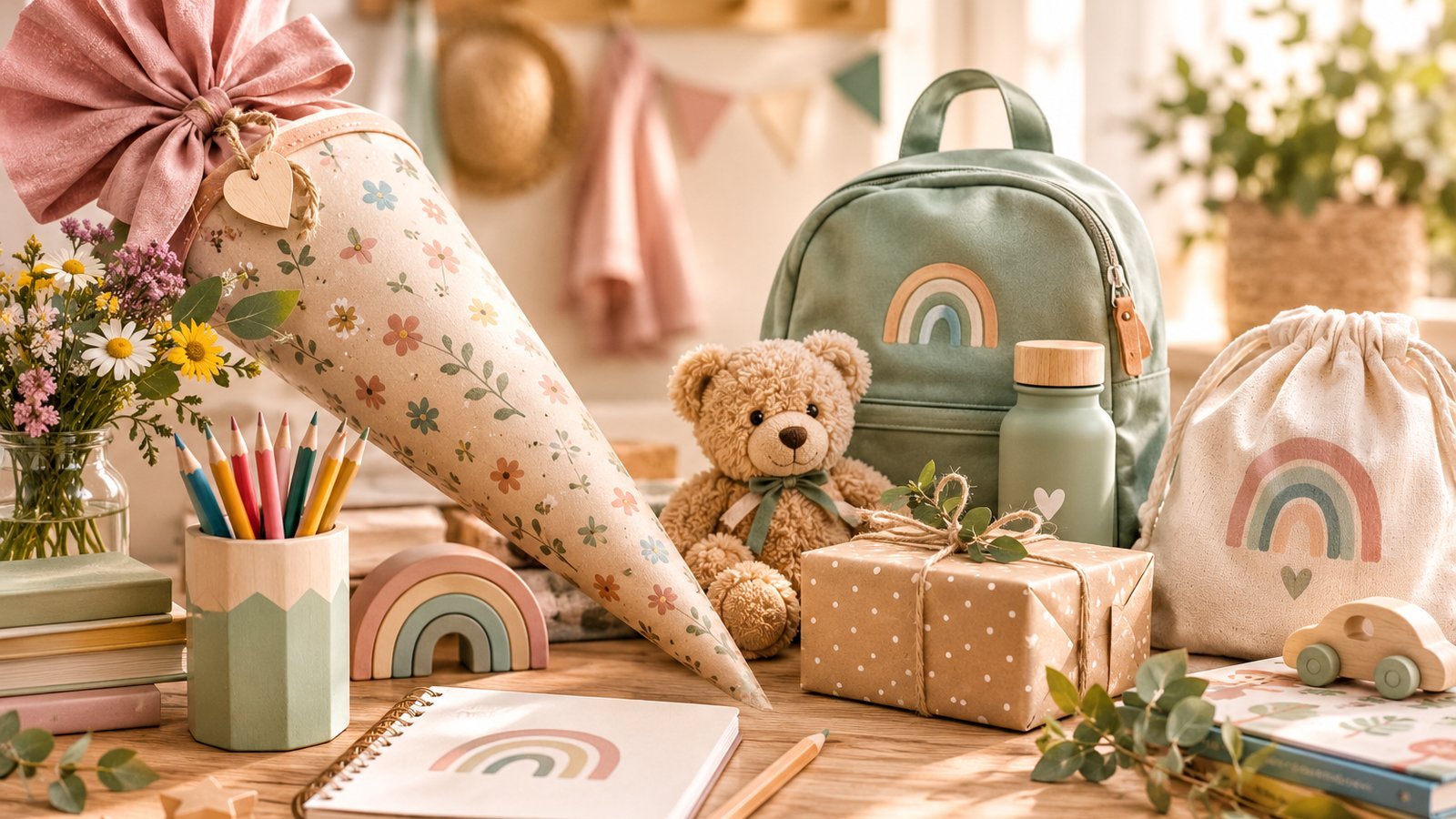 A school cone, small backpack, teddy bear, and wrapped gifts arranged decoratively on a wooden table, surrounded by colored pencils and flowers