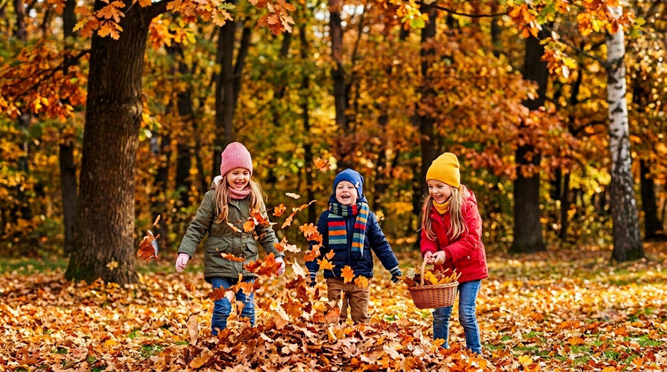 Three kids in warm autumn clothing laughing and throwing leaves in the air, with a basket full of leaves in the forest