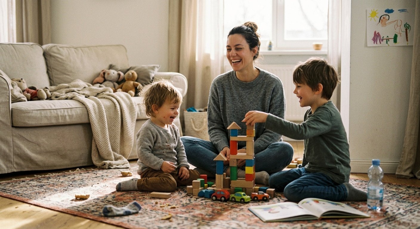 Laughing mother plays with her two children with wooden building blocks on the rug, in a cozy, lived-in living room with stuffed animals and toys