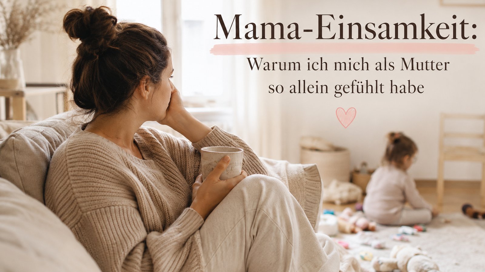 Mutter sitzt nachdenklich mit einer Tasse in der Hand auf dem Sofa und blickt aus dem Fenster, während ihr Kleinkind im Hintergrund spielt