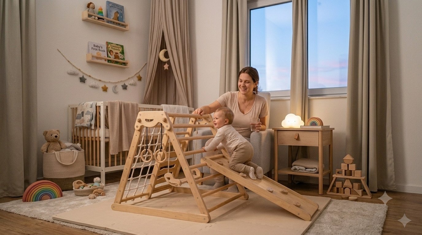 Mother and child playing together on the climbing triangle with slide in a tidy Montessori kids' room with low shelves and stuffed animals
