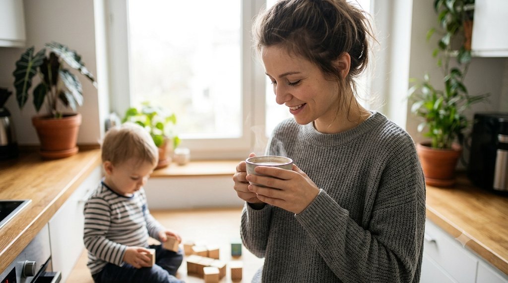 Mother enjoying a cup of coffee in the kitchen while her toddler plays with wooden blocks