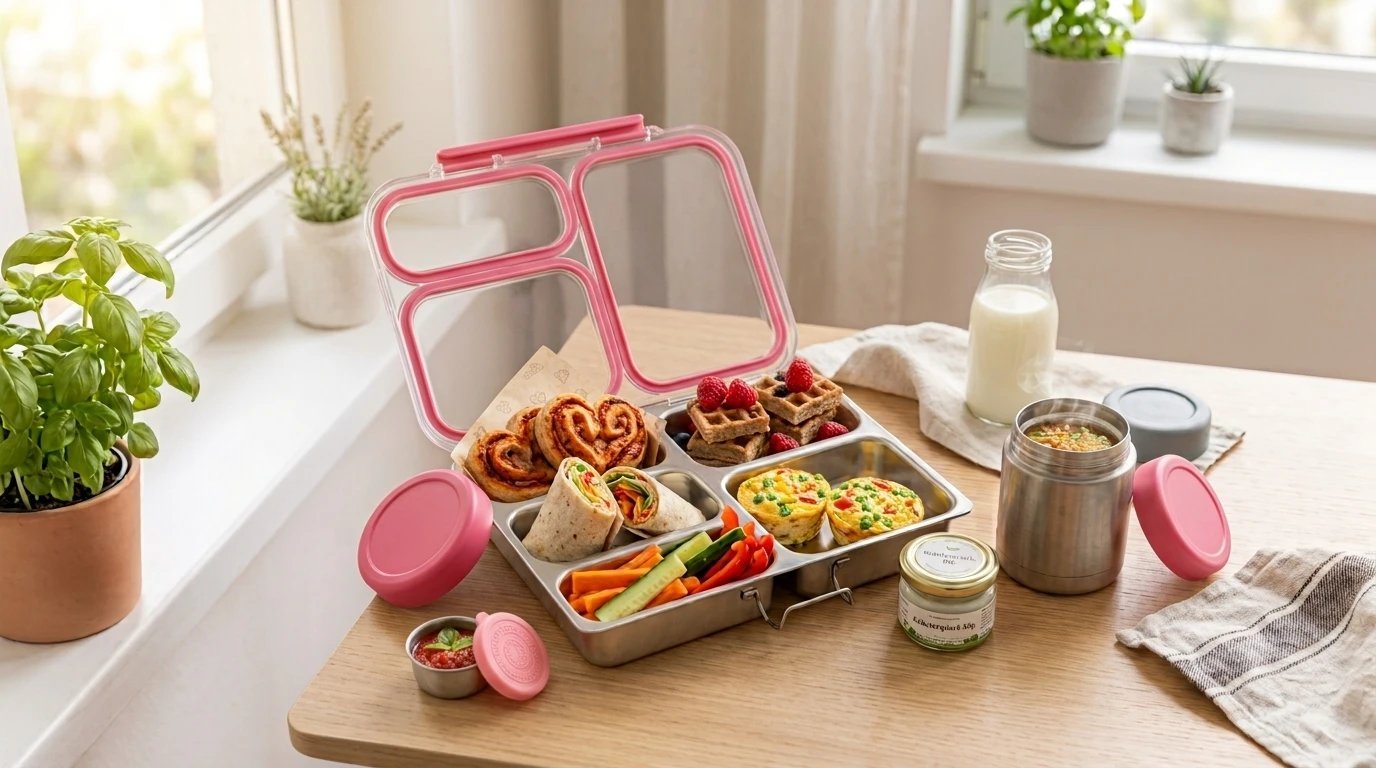 Open stainless steel bento lunchbox with pizza rolls, a wrap, egg muffins, veggie sticks, and waffles, next to milk and a thermos