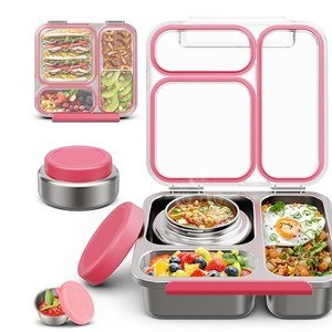 Stainless steel bento lunchbox with 4 compartments and a small dip pot, pink