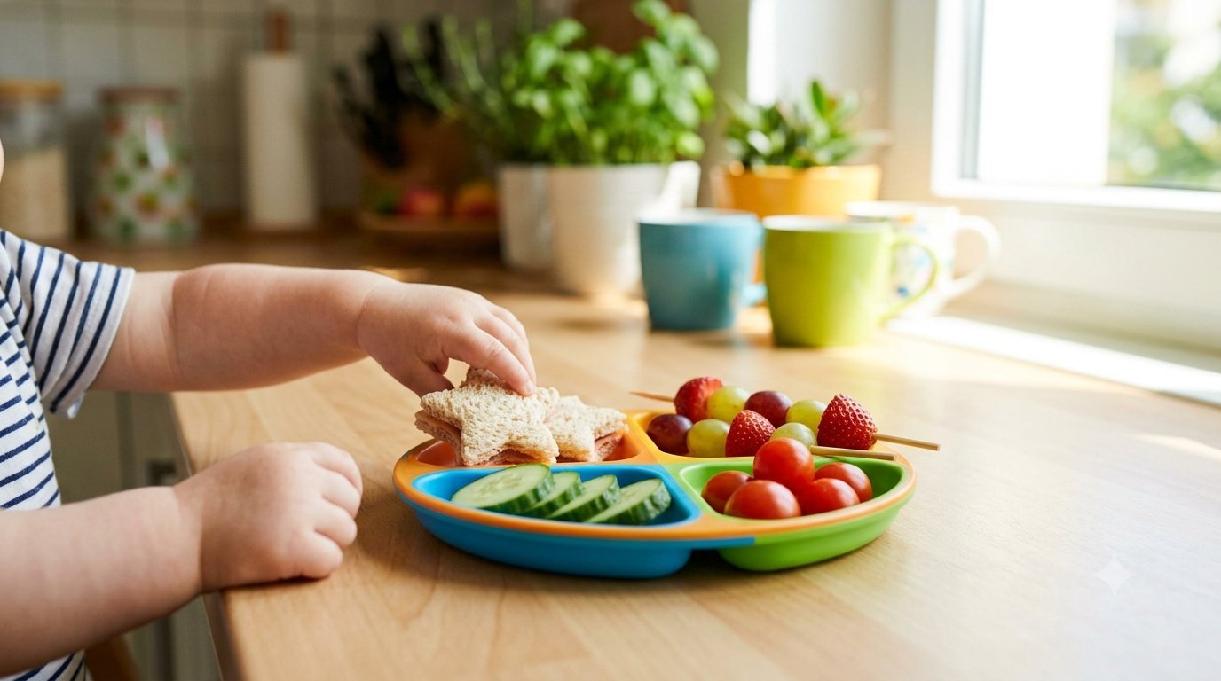 Kinderhand greift nach einem sternförmigen Sandwich auf einem bunten Teller mit Obst und Gemüse