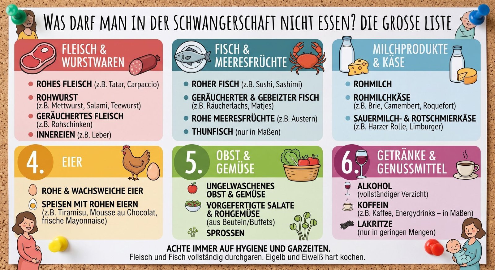 Infografik: Was darf man in der Schwangerschaft nicht essen – Übersicht nach Kategorien wie Fleisch, Fisch, Milchprodukte, Eier, Obst & Gemüse sowie Getränke