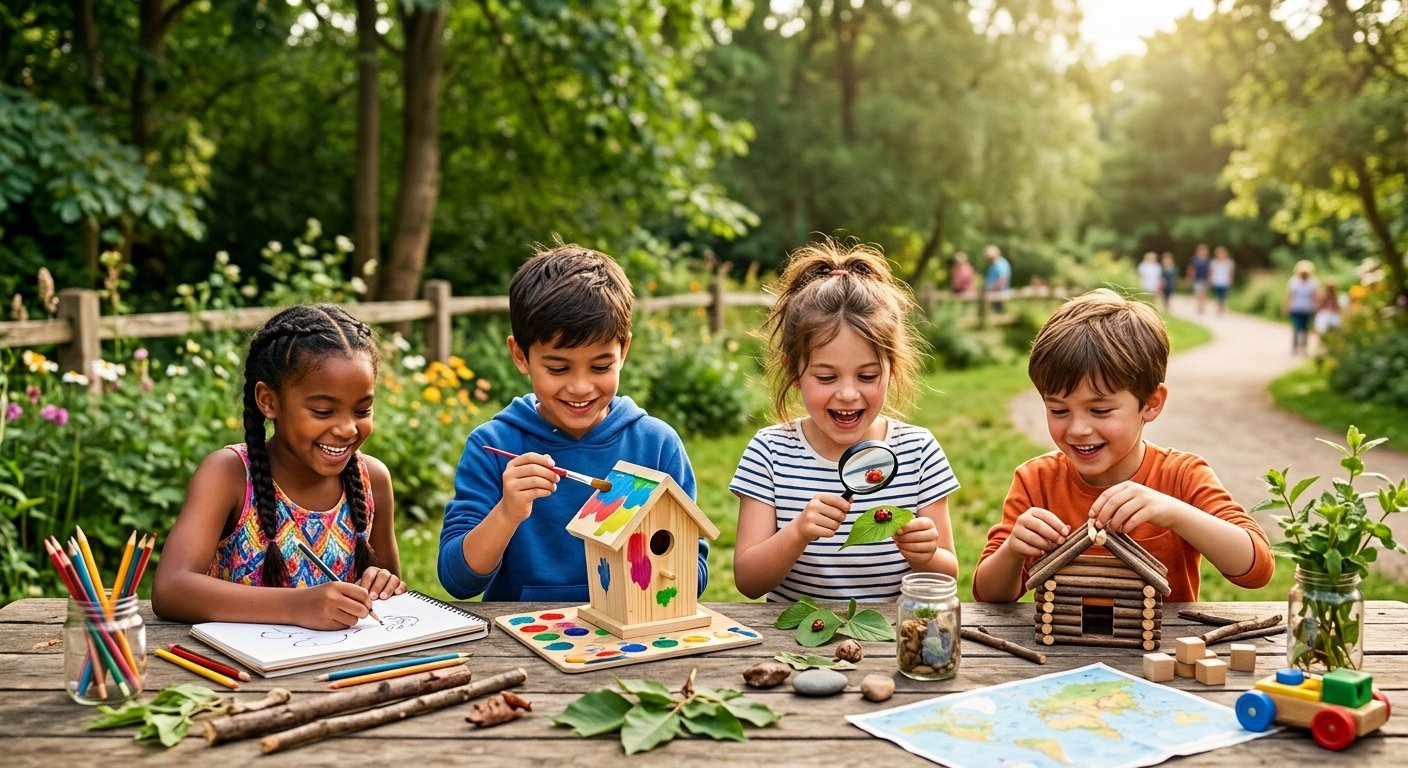 Four kids painting a birdhouse, examining leaves with a magnifying glass, and building a log cabin at an outdoor table, screen-free activities for kids