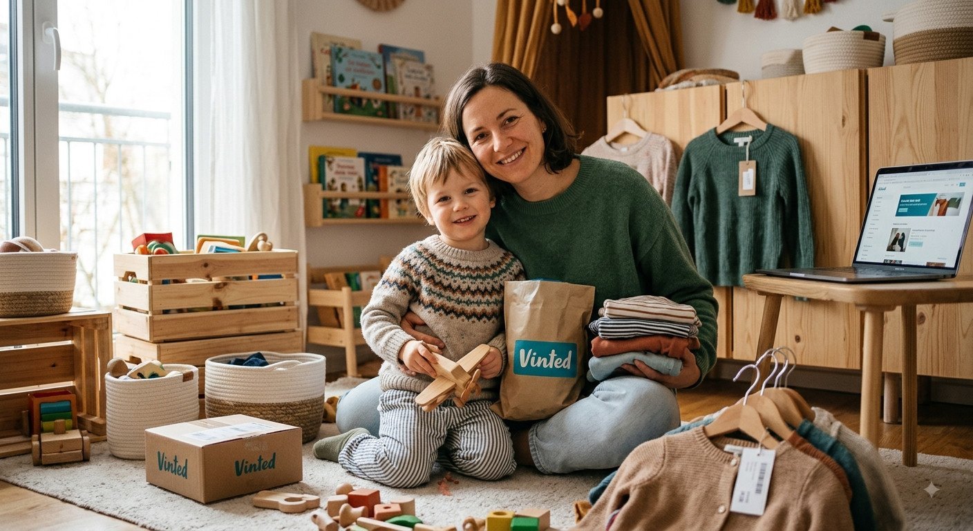 Mother and child sitting smiling among Vinted bags, secondhand kids' clothes, and sorted toy storage bins