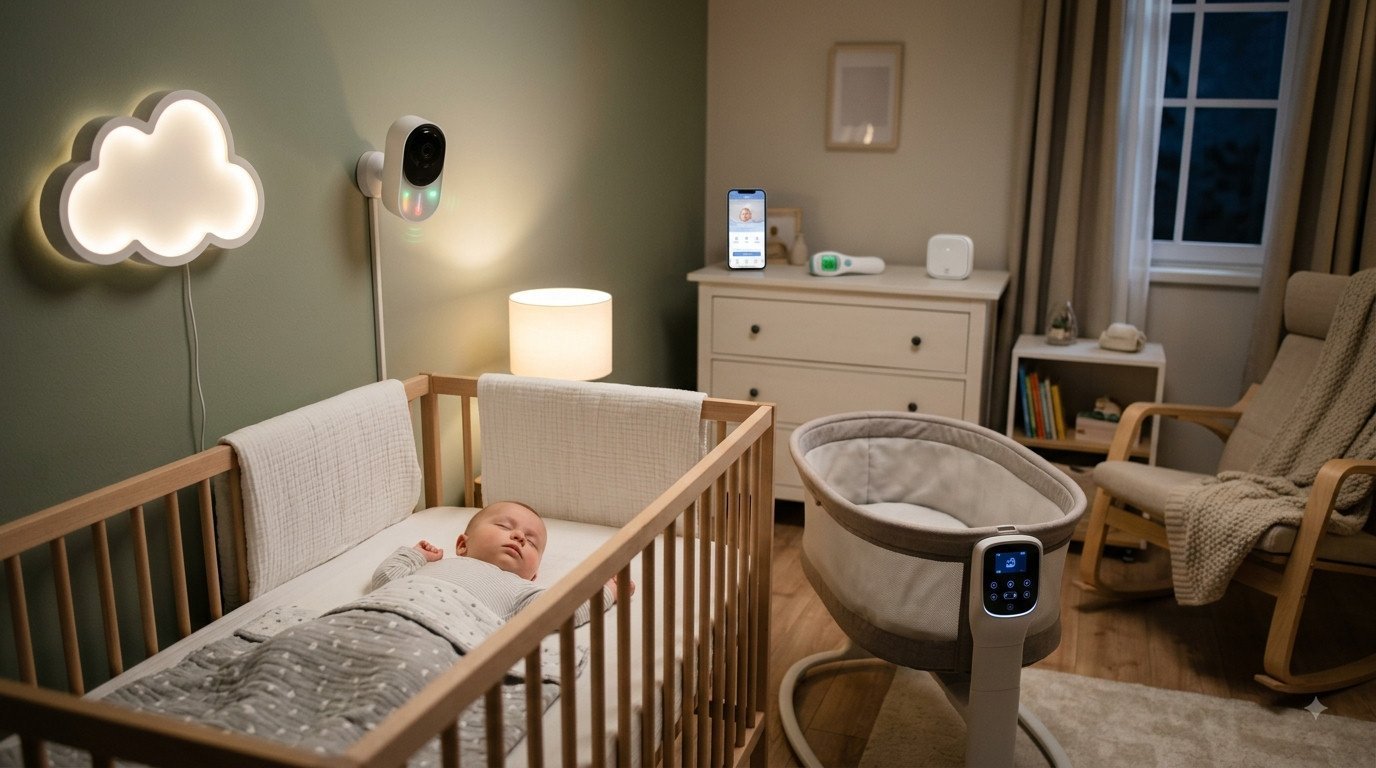 Sleeping baby in a crib with a smart camera, phone app, fever thermometer, and automatic cradle swing in a dimly lit nursery