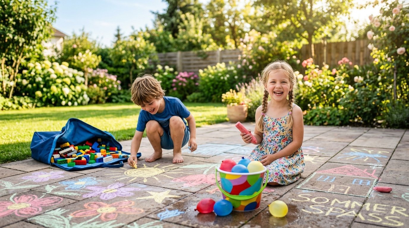 Two kids playing outside on a patio with sidewalk chalk, a toy storage bag full of LEGO, and a bucket of water balloons