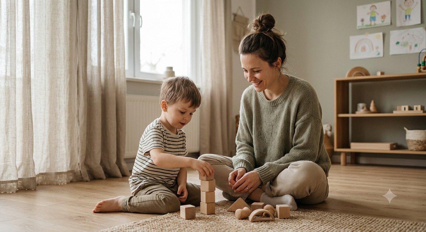 Mother calmly plays with her child using a few wooden building blocks in a tidy, low-stimulation kids' room