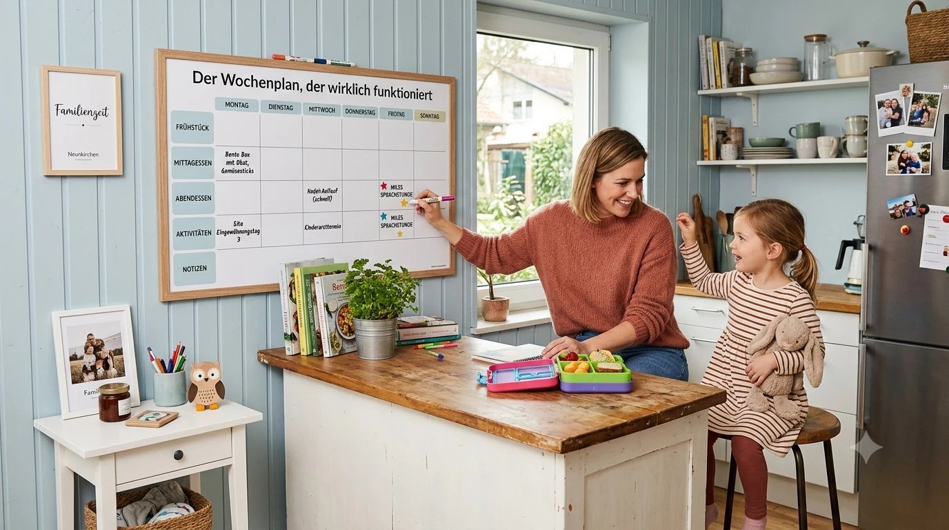 Mother and daughter filling out a weekly family wall planner in the kitchen